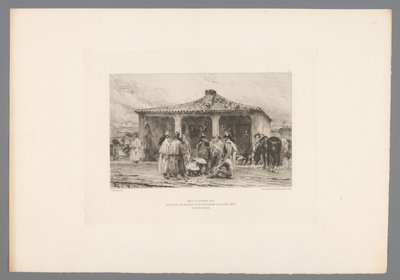 Gruppesoldat i en lejr Metz 8. oktober 1870/ Isolerede kavalerisoldater bivuak på Place Saint Simon i Fort Moselle (titel på objekt) Frankrig etsen uit 1875 (serietitel) Radering i 1875 (serietitel) af Emile Boilvin