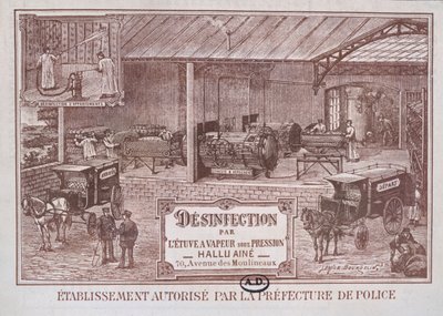 Plakatreklame Maskiner til desinfektion af damp produceret af Hallu Aine, slutningen af det nittende århundrede af Emile Bourdelin