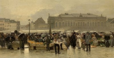 Markedet foran teatret i Antwerpen af Emile Claus