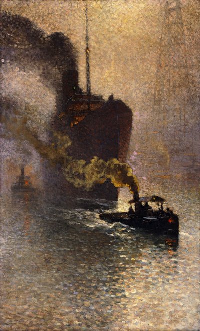 I Slæb på Themsen i Tågen; Escorte sur la Tamise dans le Brouillard - Taget in Tow on Themsen, 1918 af Emile Claus