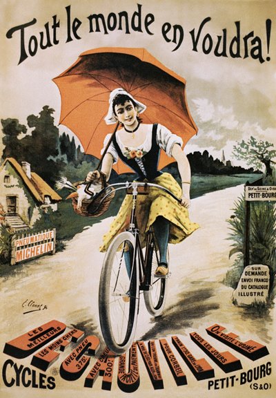 Vintage plakat af kvinde, der kører på cykel, der holder rød paraply af Emile Clouet