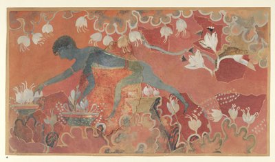 Maleri af den blå abe safransamler-fresco fra Palace of Minos i Knossos (Evans Fresco-tegning L/3 a)), omkring 1921 (papir, pigment) af Emile Gilliéron