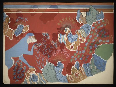 Maleri af den blå abe i et klippelandskabs freskomaleri fra Freskoernes Hus i Knossos (Evans Fresco-tegning C/6), omkring 1928 (papir, pigment) af Emile Gilliéron