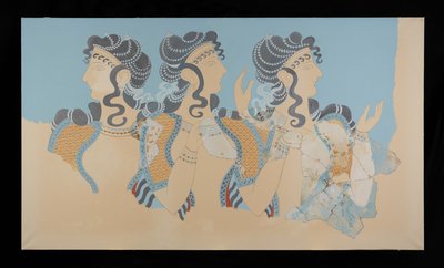 Maleri af de restaurerede damer i blå fresco fra Minos-paladset i Knossos (Evans Fresco-tegning O/7) af Emile Gilliéron