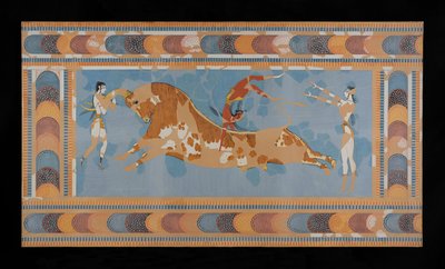 Maleri af den restaurerede Taureador Fresco fra Palace of Minos i Knossos (Evans Fresco Tegning N/4) af Emile Gilliéron