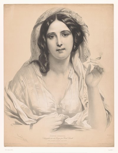Tilsløret ung kvinde med en cigaret i hånden La reine du sérail (titel på objekt) Studier af udvalgte kunstnere (serietitel) Etudes choisies (serietitel på objekt) af Emile Lassalle