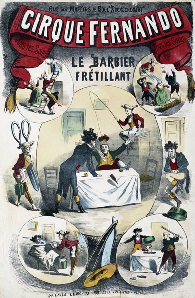 Cirque Fernando: The Writing Barber - Plakat af Lévy, slutningen af det 19. århundrede af Emile Levy
