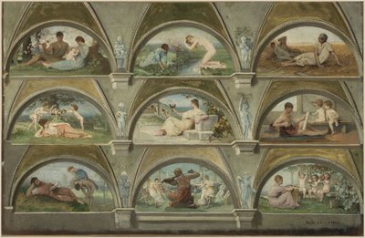 Skitse til salon des cariatides på Hôtel de Ville i Paris: Allegoriske scener fra hverdagslivet (voussures) af Emile Levy