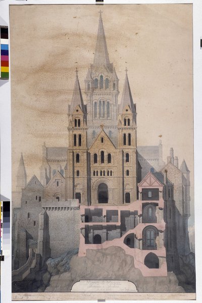Gotisk arkitektur: facade af kirken og udskæring af klosterhuse. Tegning af det kommunale museum i Avranches (Manche) af Emile Sagot