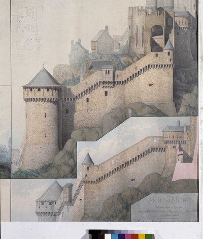 Udsigt over machicoulis mellem Nordtårnet og Claudine Tower of Mont Saint Michel. Tegning af Emile Sagot. Avranches kommunale museum (Manche) af Emile Sagot