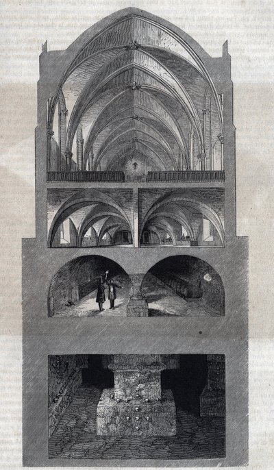 Tværsnit af Napoleon-gymnasiet i Paris (i dag Lycee Henri IV). Fra top til bund: refektoriet, køkkenet, kældrene, katakomberne. Stik af Therond. I "" Le Magasin Picturesque"" af Emile Theodore Therond