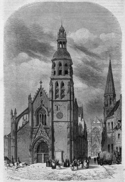 Udvendigt billede af kirken Saint Martin (15.-16. århundrede) i Vendome, Loir og Cher (41), før dens nedrivning i 1857. Gravering af Therond i "" Le Magasin Picturesque"" af Emile Theodore Therond