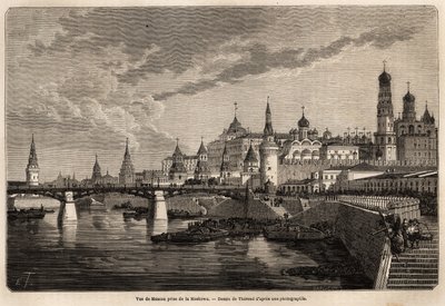 Generelt billede af Moskva, taget fra Moskowa, tegning af Therond, for at illustrere rejsen fra Shanghai til Moskva, fra 1859 til 1862, af M. de Bourboulon, Frankrigs minister til Kina. Indgravering i "" Le tour du monde"", redigeret af Edouard Charton af Emile Theodore Therond