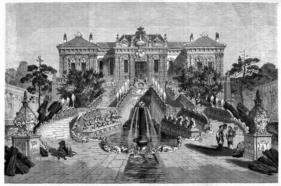 Haiyan Tang Pavilion har vestlig arkitektur i Ete Palace i Pekin (Beijing). Gravering efter en tegning af Therond, i "" Le Tour du Monde, Nouveau journal des Voyages", redigeret af Edouard Charton, Paris af Emile Theodore Therond