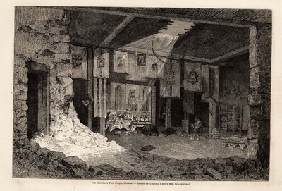 Indvendigt billede af et tibetansk tempel, tegning af Therond, for at illustrere opsummeringen af det geografiske år 1862, af Vivien de Saint Martin. Indgravering i "" Le tour du monde"", redigeret af Edouard Charton af Emile Theodore Therond