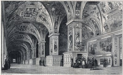 Indvendigt billede af Vatikanets bibliotek i det 18. århundrede. Stik af Therond efter tegning af Francois Pannini. af Emile Theodore Therond