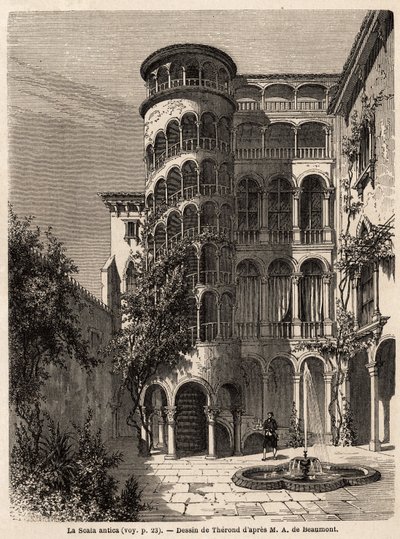 La Scala Antica, tegning af Therond, til illustration af Adalbert de Beaumonts rejse til Venedig, omkring 1850. Indgravering i “” Le tour du monde””, redigeret af Edouard Charton af Emile Theodore Therond