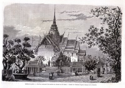 Slotshave. Pavillon, der indeholder asken fra den sidste konge af Siam. Tegning af Thérond fra M. Mouhots album. “Tour du monde” af Emile Theodore Therond