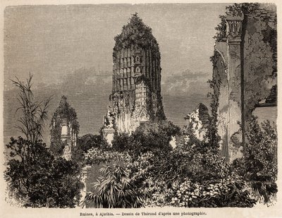 Ruinerne taget i junglens vegetation i Ajuthia (Thailand), tegnet af Therond, for at illustrere rejsen gennem kongerigerne Siam, Cambodja og Laos, fra 1858 til 1861, af Henri Mouhot. Indgravering i "" Le tour du monde"", redigeret af Edouard af Emile Theodore Therond