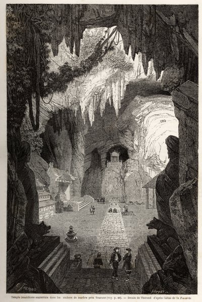 Underjordisk buddhistisk tempel i marmorklipper nær Tourane, tegning af Therond, for at illustrere noterne fra en unik korrespondance med Cochinchine. Indgravering i "" Le tour du monde, nouveau journal des voyages"" Paris af Emile Theodore Therond