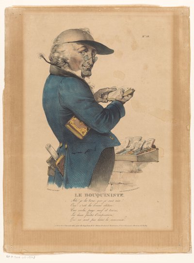 Mand ser på en bog foran en bogbod Le Bouquiniste (titel på objekt) af Émile Wattier