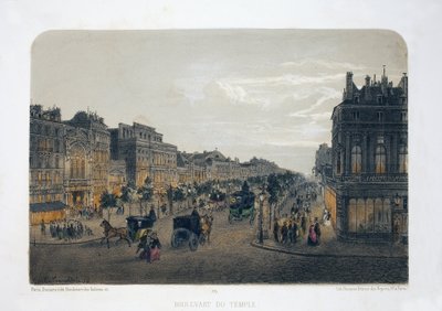 Boulevard du Temple, Paris. Litografi akvarel, illustration af E.de la Tramblaiz, i "Album, souvenirs de Paris", Daziaro-redaktør, Paris af Emile de la Tramblais