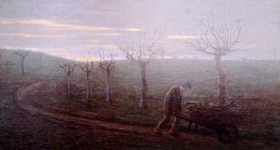 vender tilbage fra skoven, Emilio Longoni (1859-1932), olie på lærred, 67x120 cm af Emilio Longoni