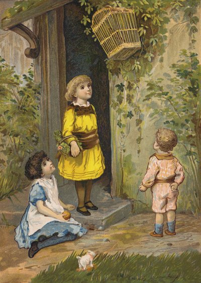 Børn beundrer en hængende kurv (chromolitho) af Emily Jane Harding Andrews