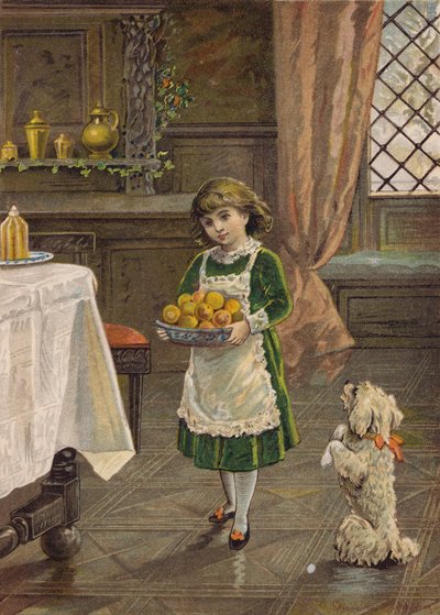 Pige med en skål frugt (chromolitho) af Emily Jane Harding Andrews