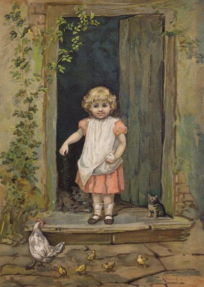 Lille pige fodrer hønsene fra dørtrinnet til sit hjem (chromolitho) af Emily Jane Harding Andrews