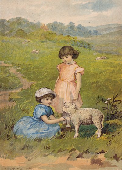 To piger klapper et lam (chromolitho) af Emily Jane Harding Andrews