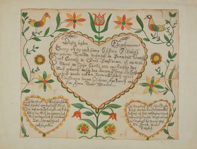 Fraktur - Fødsels- og Dåbsattest af Emma M. Krumrine