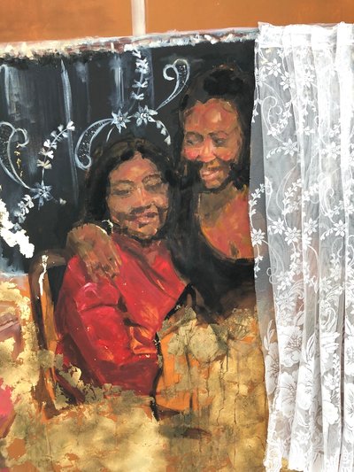 Matrilinealitet, 2019, Olie, akryl, stof, print og imiteret bladguld på lærred af Emma Prempeh