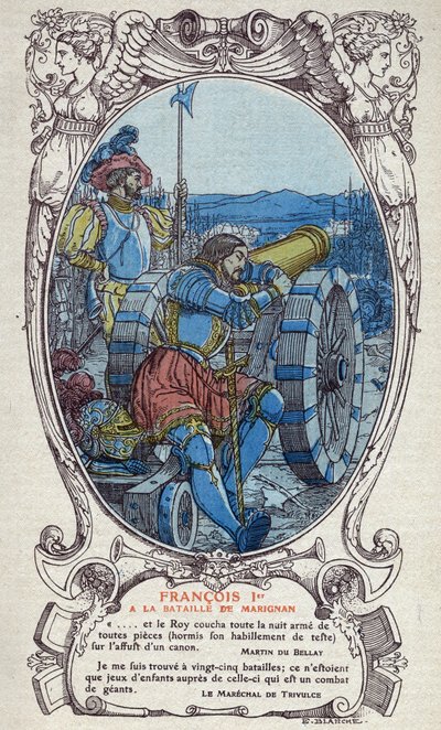 Kongen af Frankrig Francois I (1494-1547) ved slaget ved Marignan den 13. og 14. september 1515. Stik af 1914 af Emmanuel Blanche (1880-1946).DR Privat samling. af Emmanuel Blanche
