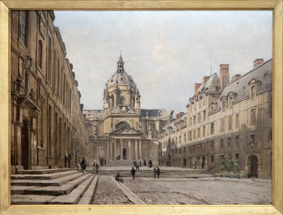 Udsigt over gården til den gamle Sorbonne i 1886, det gamle ensemble af Sorbonne bygget i det 17. århundrede på anmodning af Richelieu blev ødelagt for at blive genopbygget og udvidet mellem 1885 og 1901. Bygninger inspireret i Louis XIII-stilen blev desig af Emmanuel Lansyer