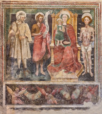 Madonna del Rosario og hellige, højre væg i skibet (fresko) af Enea Salmeggia