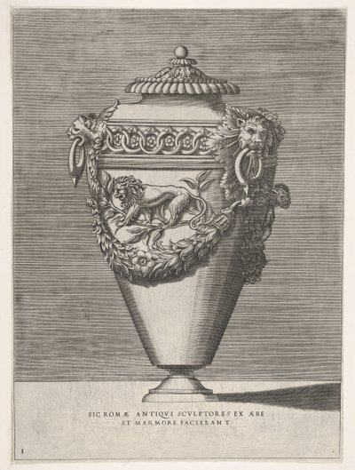 Antik urne med låg dekoreret med et motiv af diamantringe og løver, fra vaser ..., 1543 eller senere. af Enea Vico