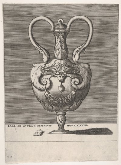 Antik lågvase med to håndtag, der dukker op fra Heads of Hybrid Female Sph..., 1543 eller senere. af Enea Vico