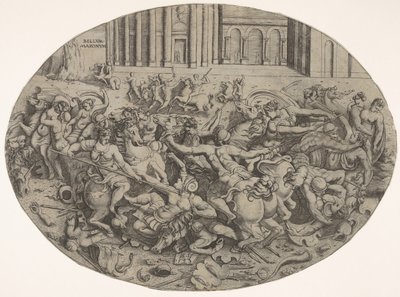 Kamp mellem amasoner og mænd foran arkitektoniske arkader, en oval komposition med..., 1543. af Enea Vico