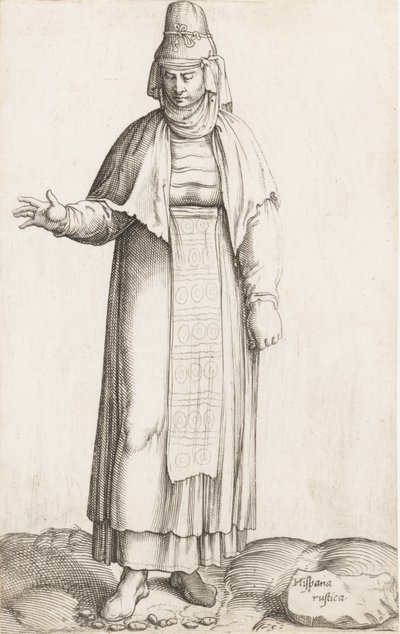 Kostumeplade: Hispana Rustica med etiket på sten, ca. 1557-58. af Enea Vico