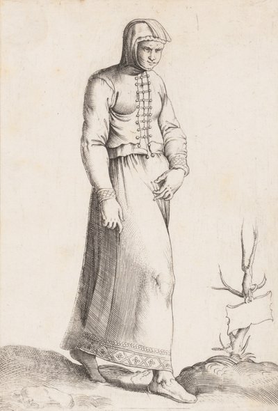 Kostumeplade: Kvinde med hættetøj, ca. 1557-58. af Enea Vico