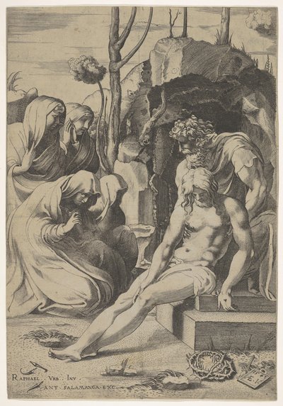 Kristi gravlæggelse, hvis bryst grebes af Josef af Arimathea, med to knælende og..., 1543. af Enea Vico