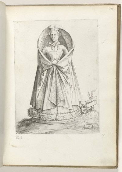 Flandern (titel på objekt) En kvinde fra Vlaanderen, klædt på i henhold til mode fra ca. 1550 The Attitudes of different Nations of Our Age (serietitel) af Enea Vico