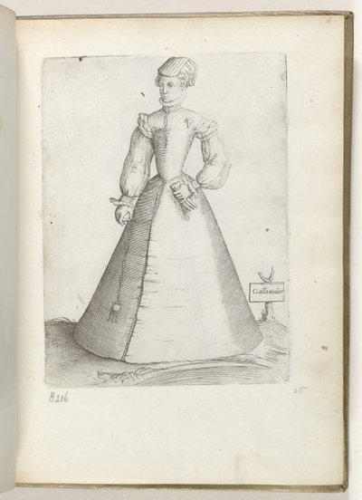 Galla Mulier (titel på objekt) En gift kvinde fra Frankrig, klædt i mode fra ca. 1550 Diversarum gentium nostrae aetatis habitus (serietitel) af Enea Vico