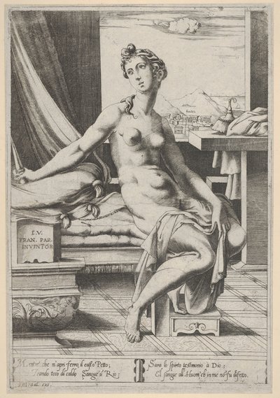 Lucretia nøgen og siddende foran et vindue, en dolk i højre hånd og holder d..., ca. 1535-67. af Enea Vico