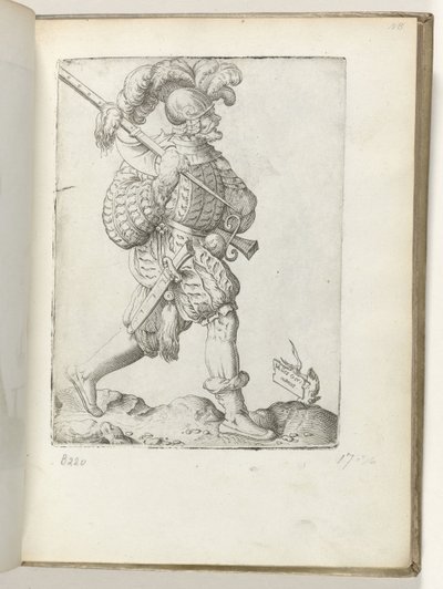 Tysk soldat (titel på objekt) tysk soldaat, klædt i henhold til mode fra ca. 1550 The Attitudes of different Nations of Our Age (serietitel) af Enea Vico