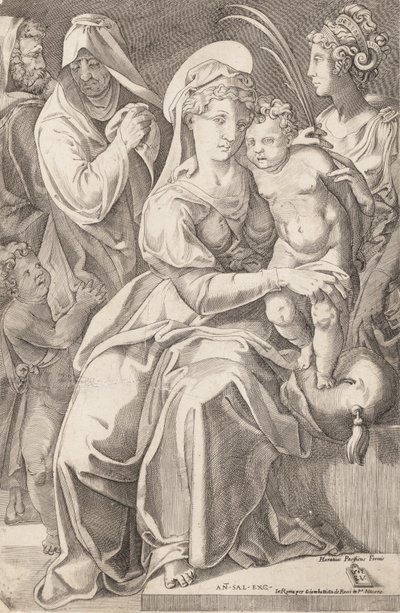 Den hellige familie med St. Anne og St. Catherine, 1542, udgivet 1627-50. af Enea Vico