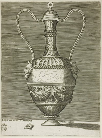 Vase med to groteske masker, tallerken seks fra A Series of Vases Drawn After the Antique af Enea Vico
