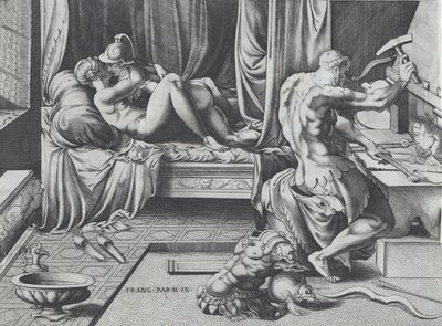 Venus og Mars omfavner som Vulcan arbejder i sin smedje, 1543. af Enea Vico