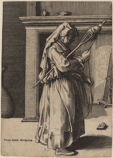 Gammel kvinde med en distaff af Enea Vico after Parmigianino